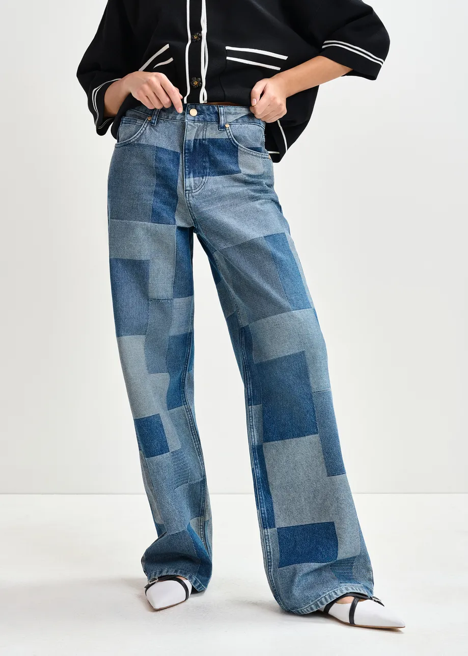 Blue straight-leg patchwork blue jeans