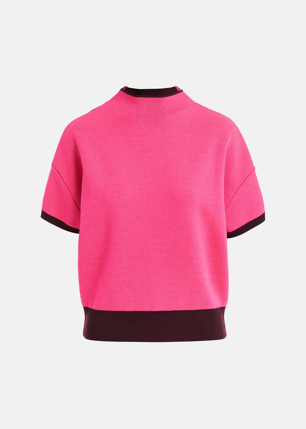 Burgundy short-sleeved sweater with neon pink piping