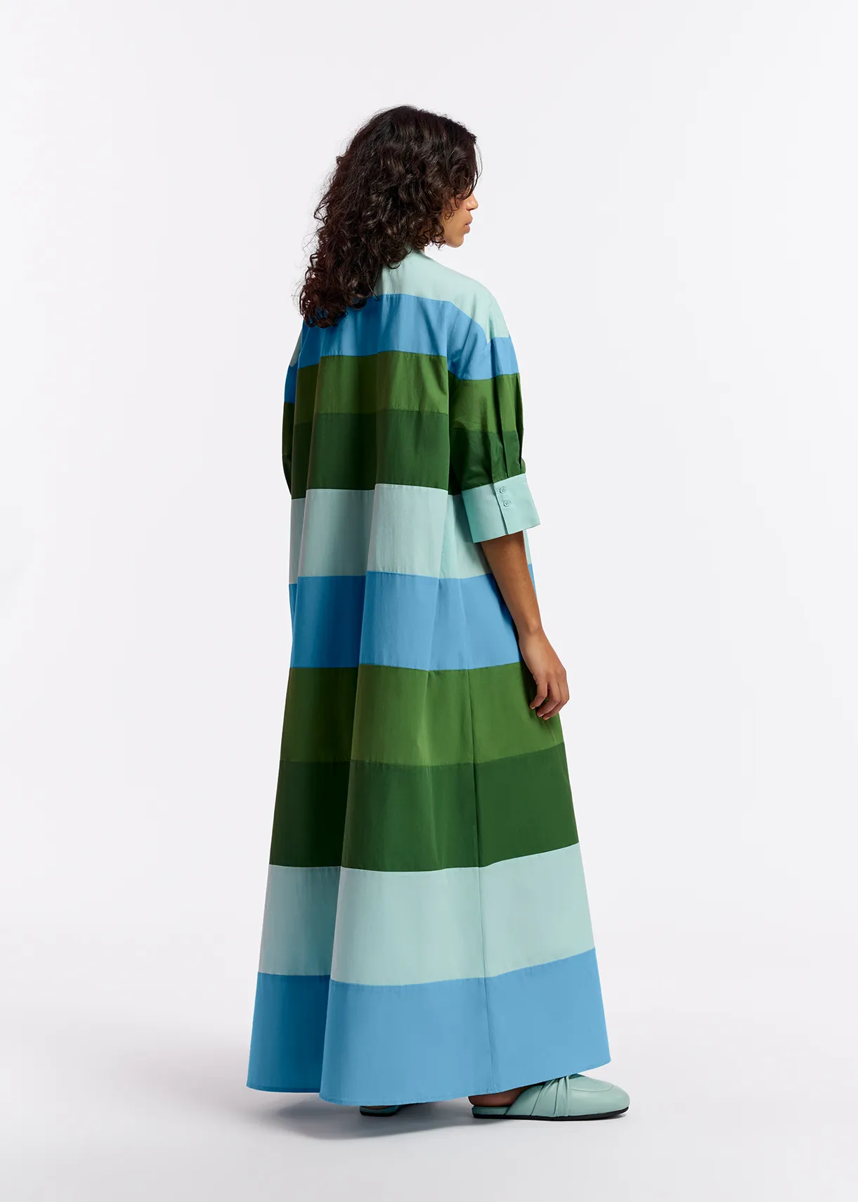 Light blue, blue and green cotton maxi-length dress