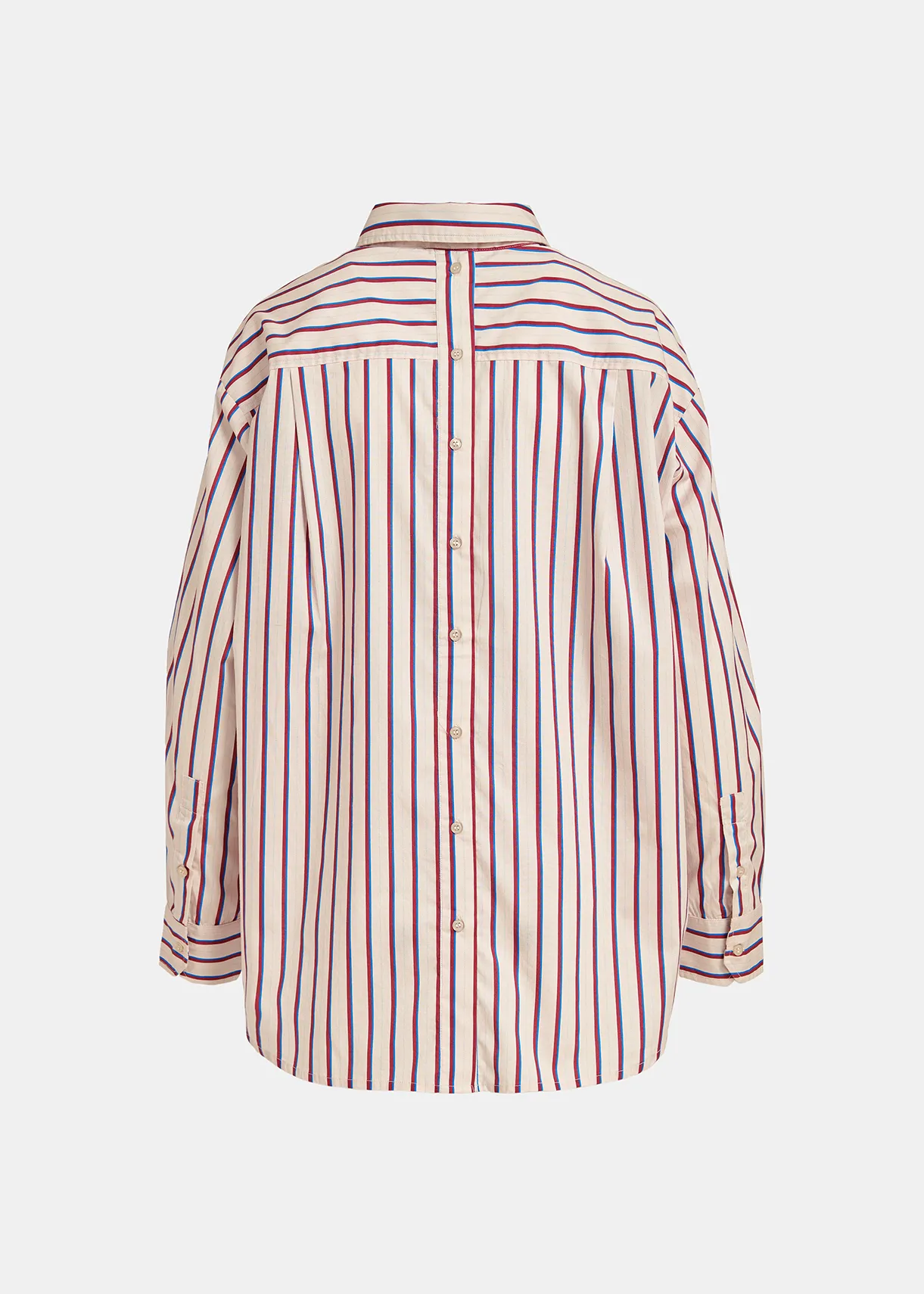 Ecru, burgundy and blue striped cotton shirt with 'E' embroidery