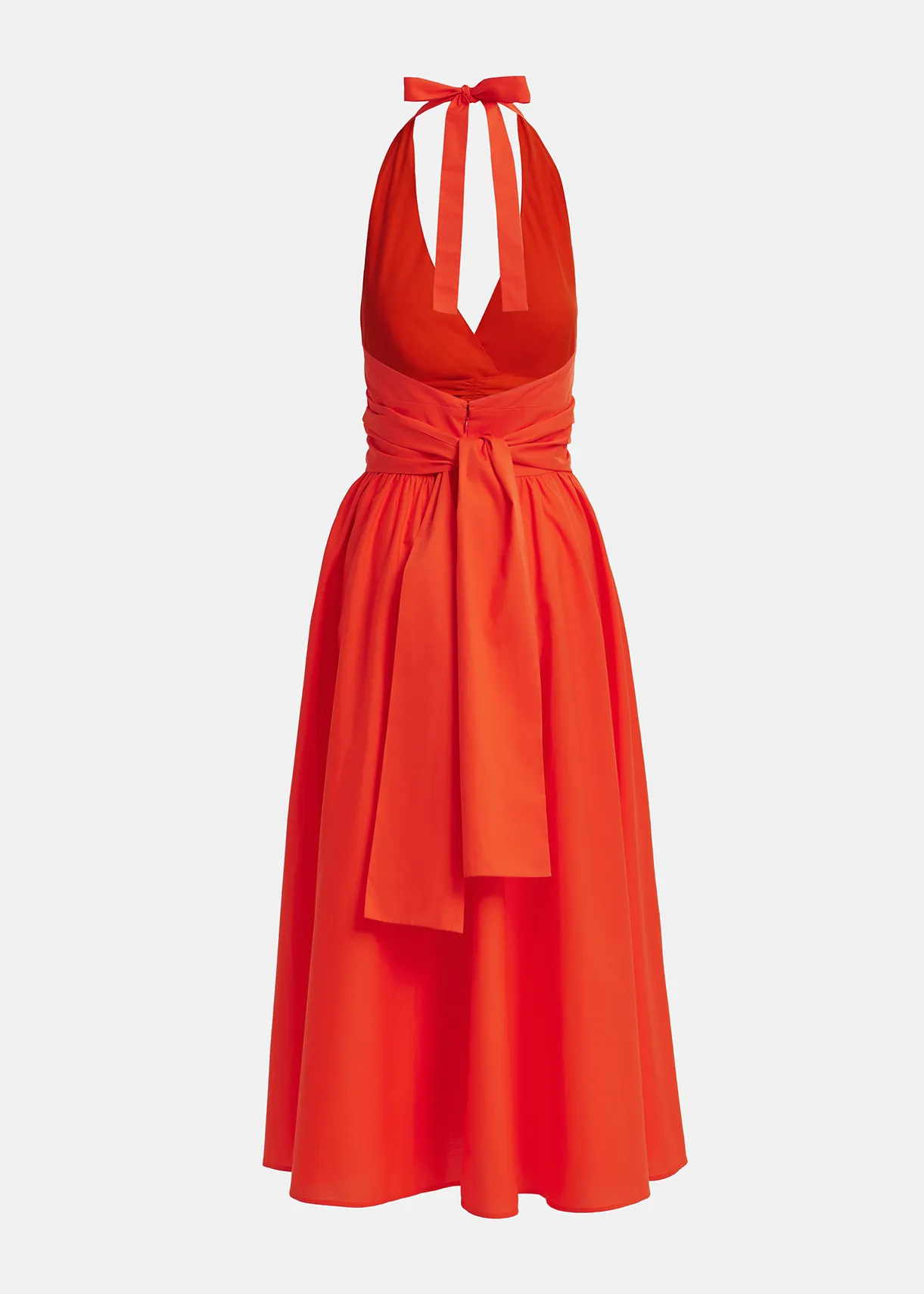 Red halter neck cotton midi-length dress