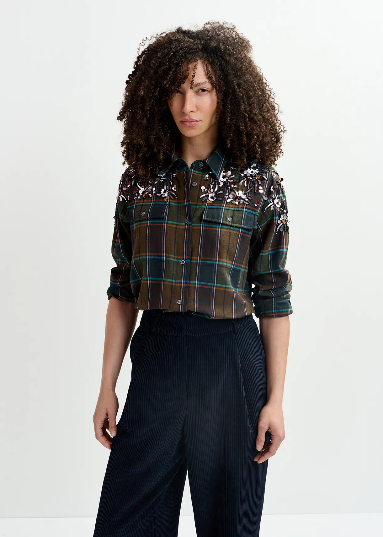 Khaki checked cotton shirt with embroidery