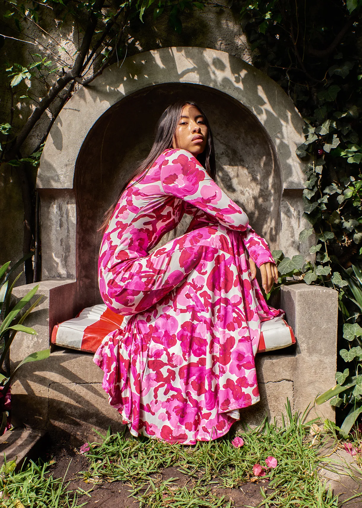 White and pink stretch-jersey maxi dress with floral print