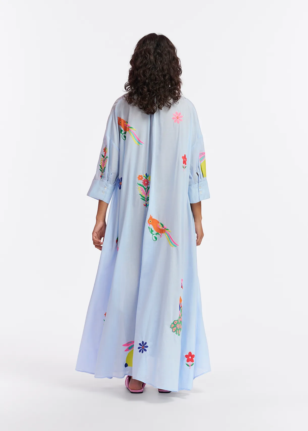 Light blue cotton maxi-length dress with embroideries