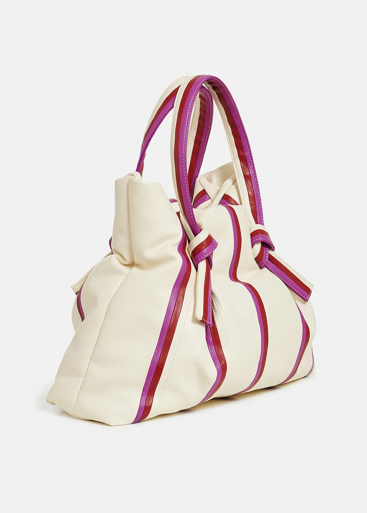 Ecru, purple and burgundy striped shopper bag