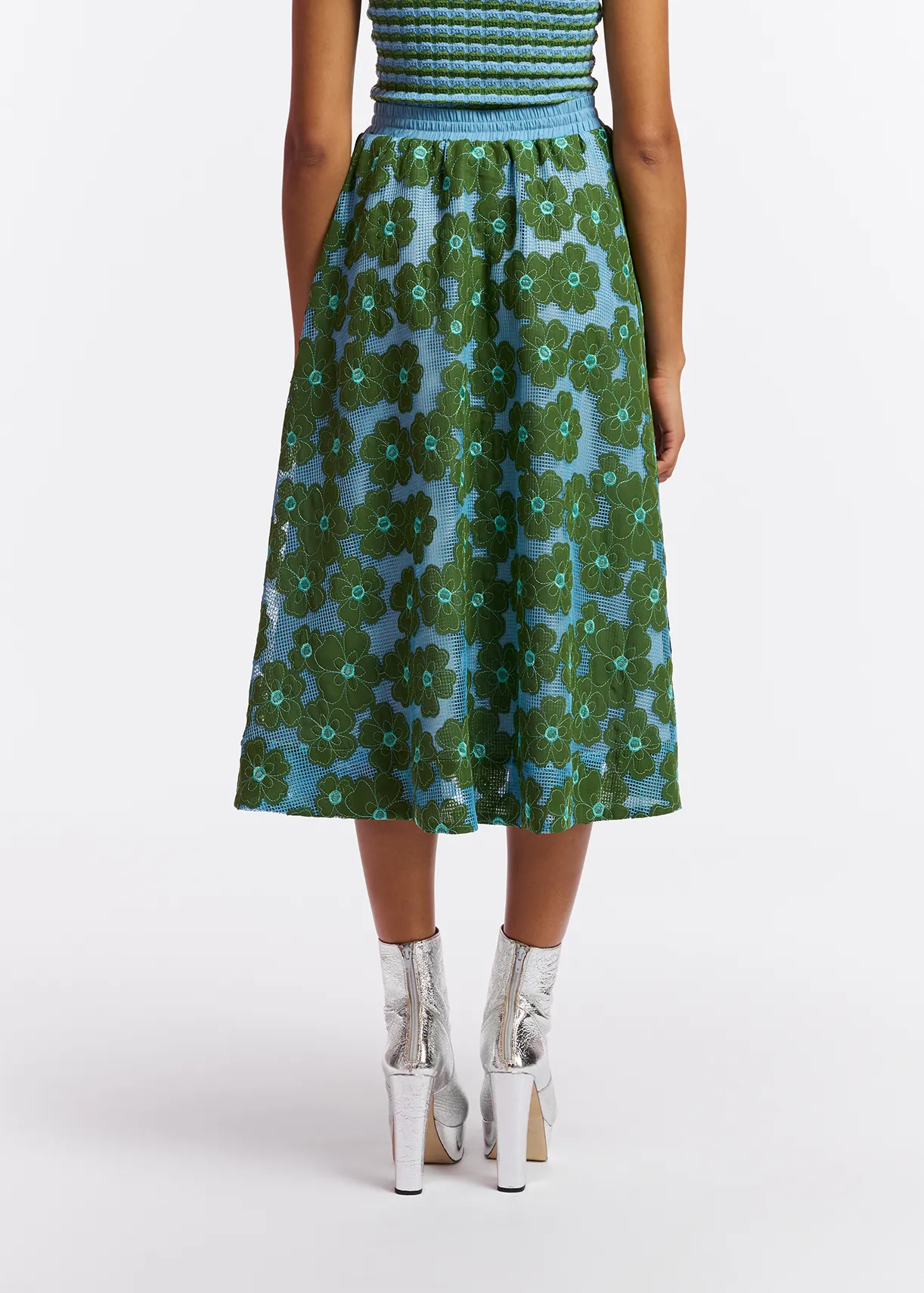 Blue and green floral-embroidered midi-length skirt