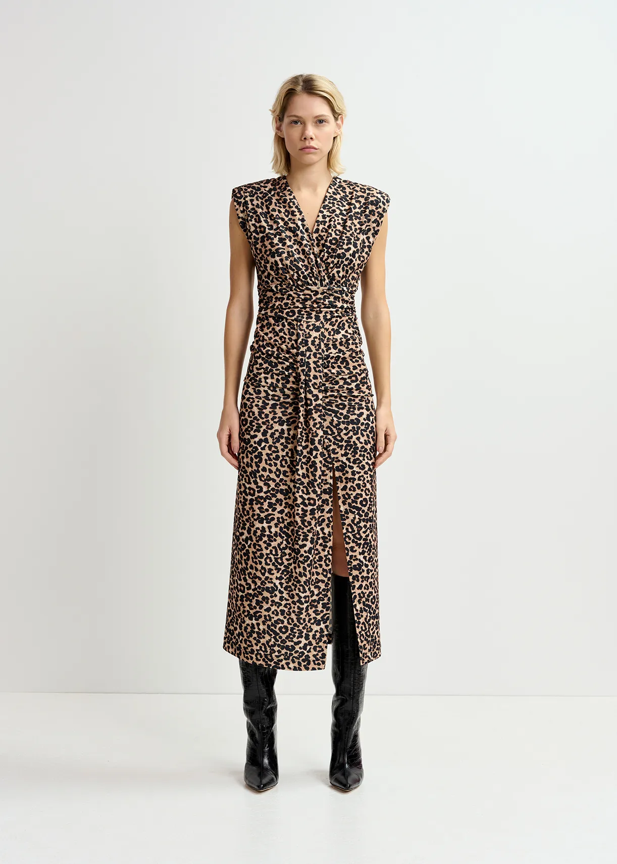 Brown stretch-jersey midi dress with leopard print