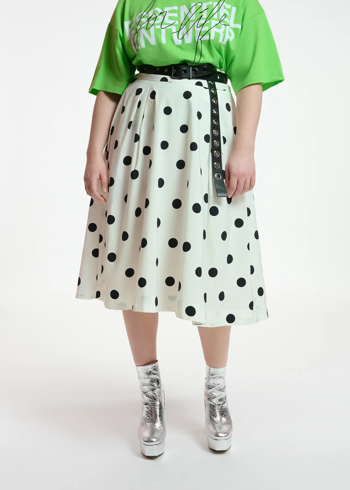 White and black polka-dot pleated midi skirt