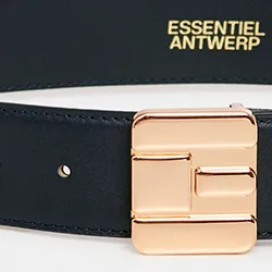 Navy blue leather belt with E-shaped buckle