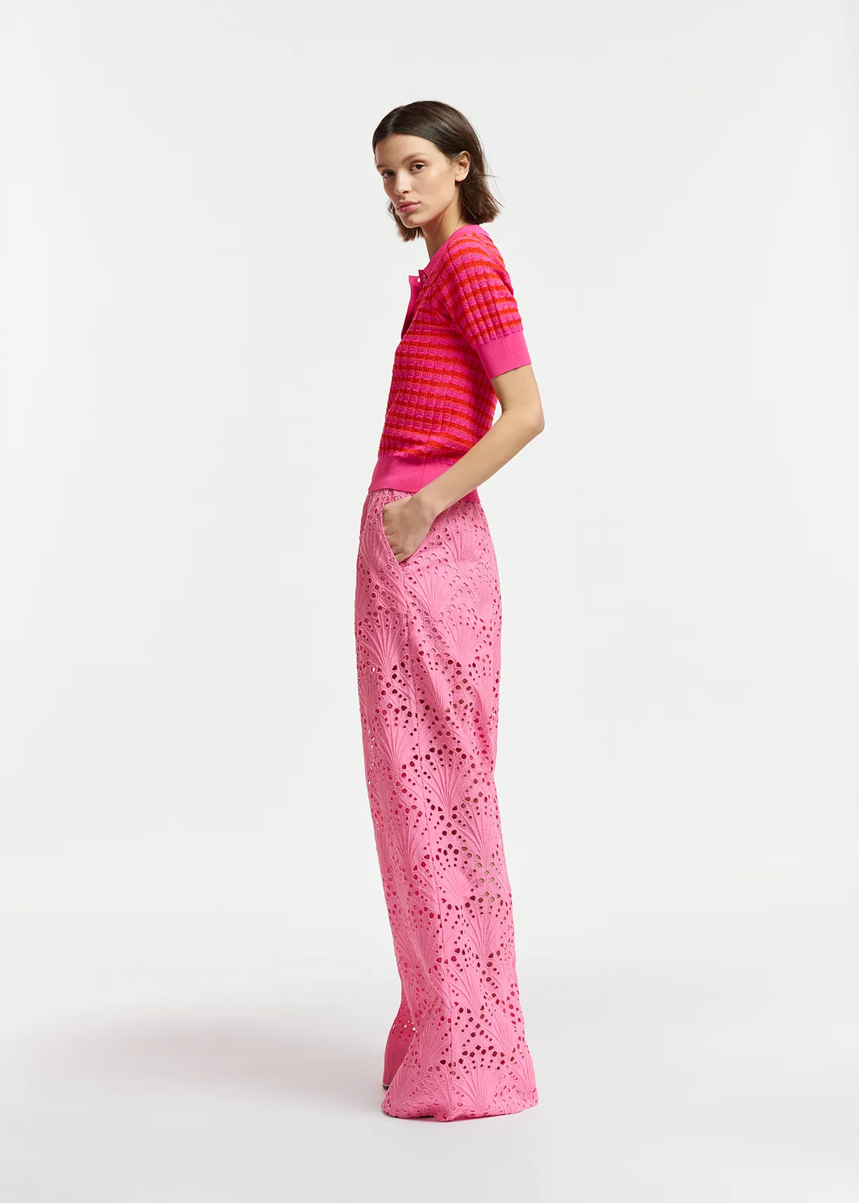 Pink and red striped knitted polo top