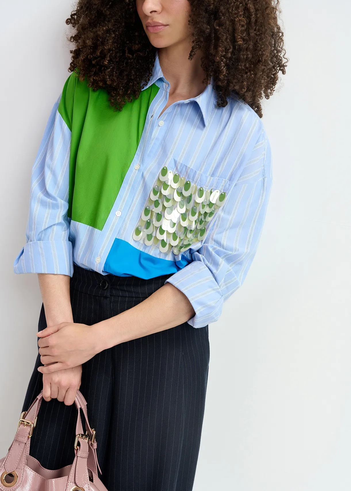 Blue and white striped patchwork shirt