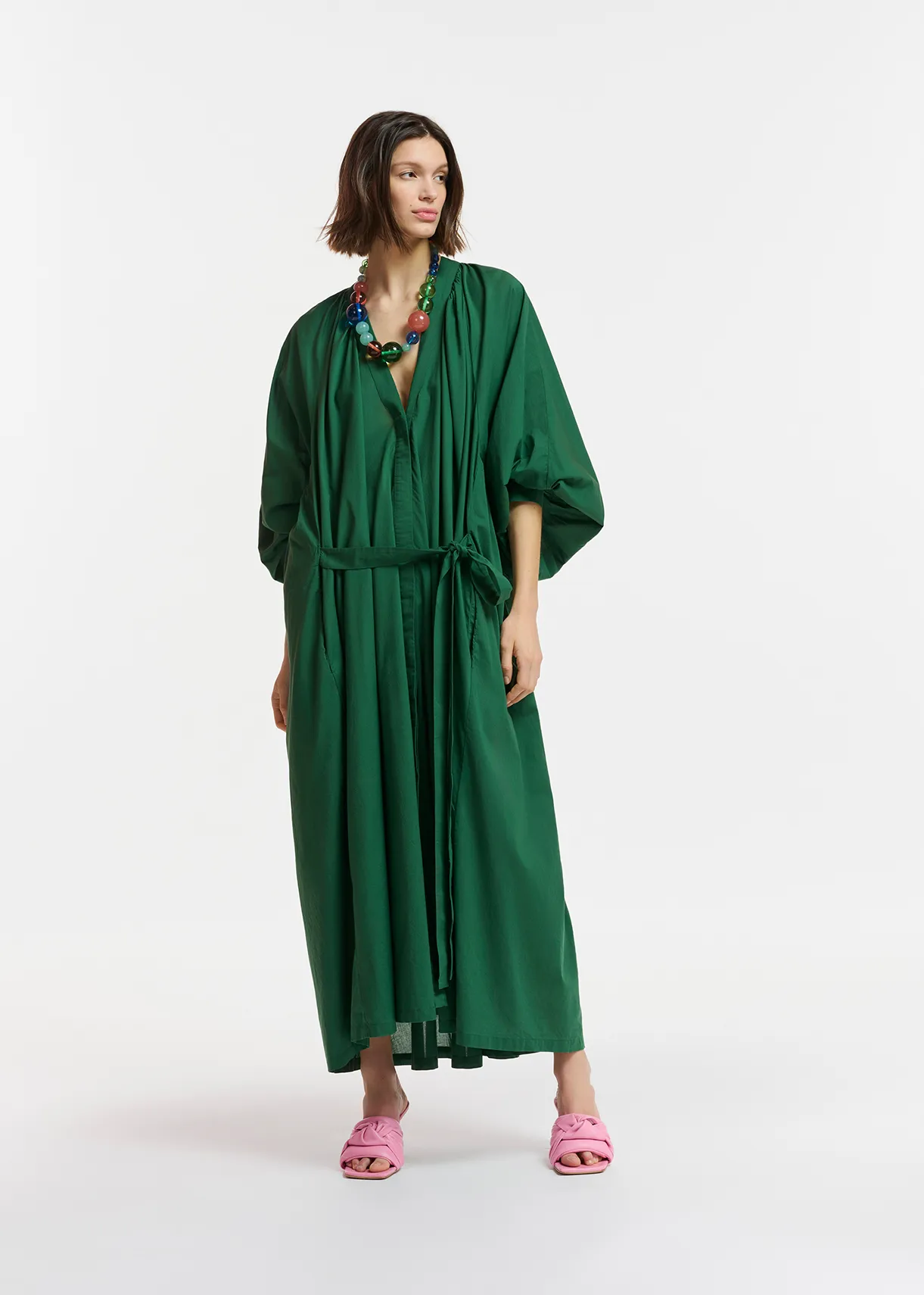 Dark green cotton maxi-length dress with ties