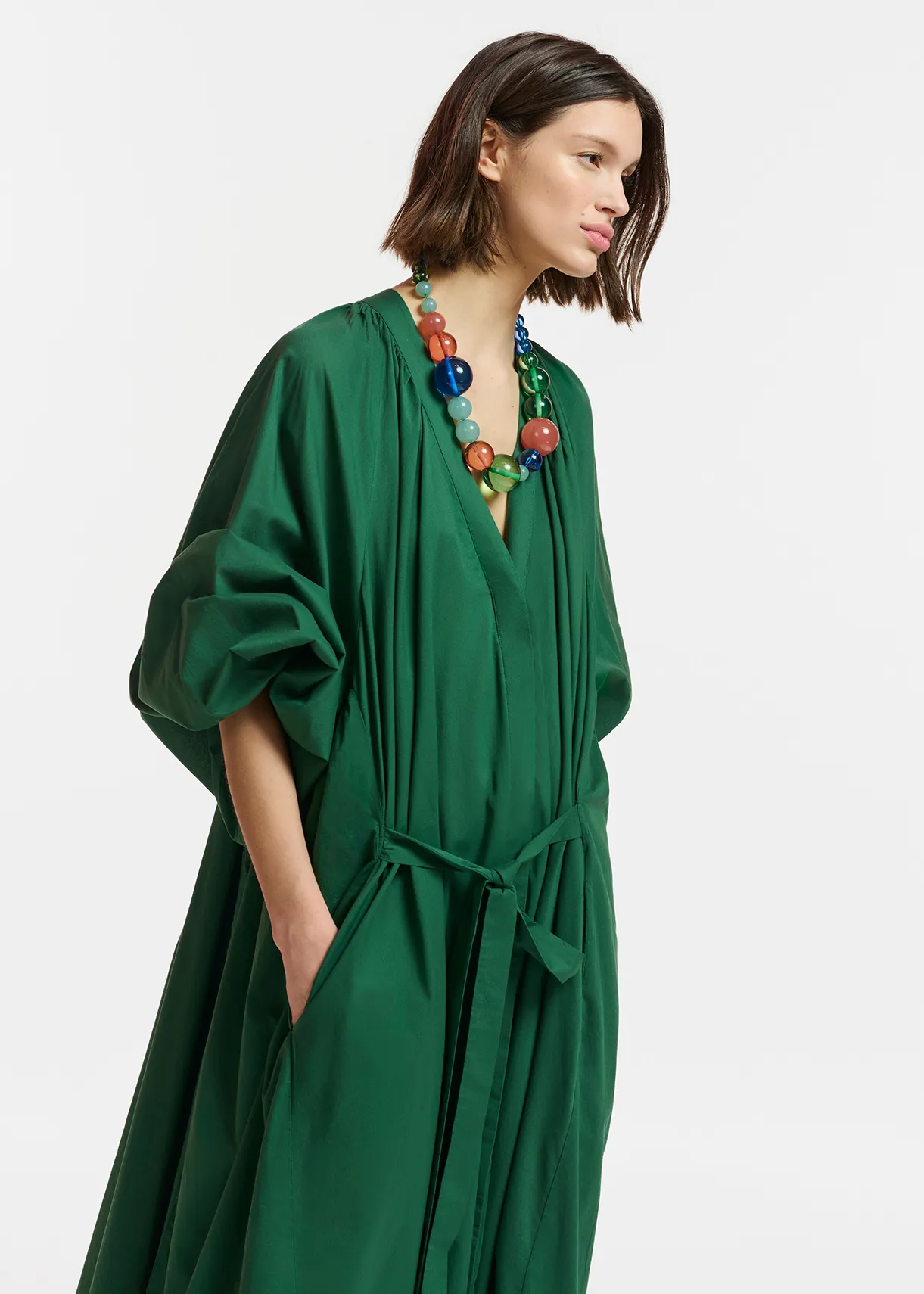 Dark green cotton maxi-length dress with ties