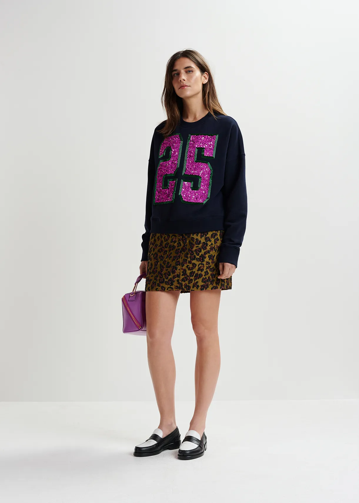 Navy blue and purple organic cotton sweatshirt with sequin and bead