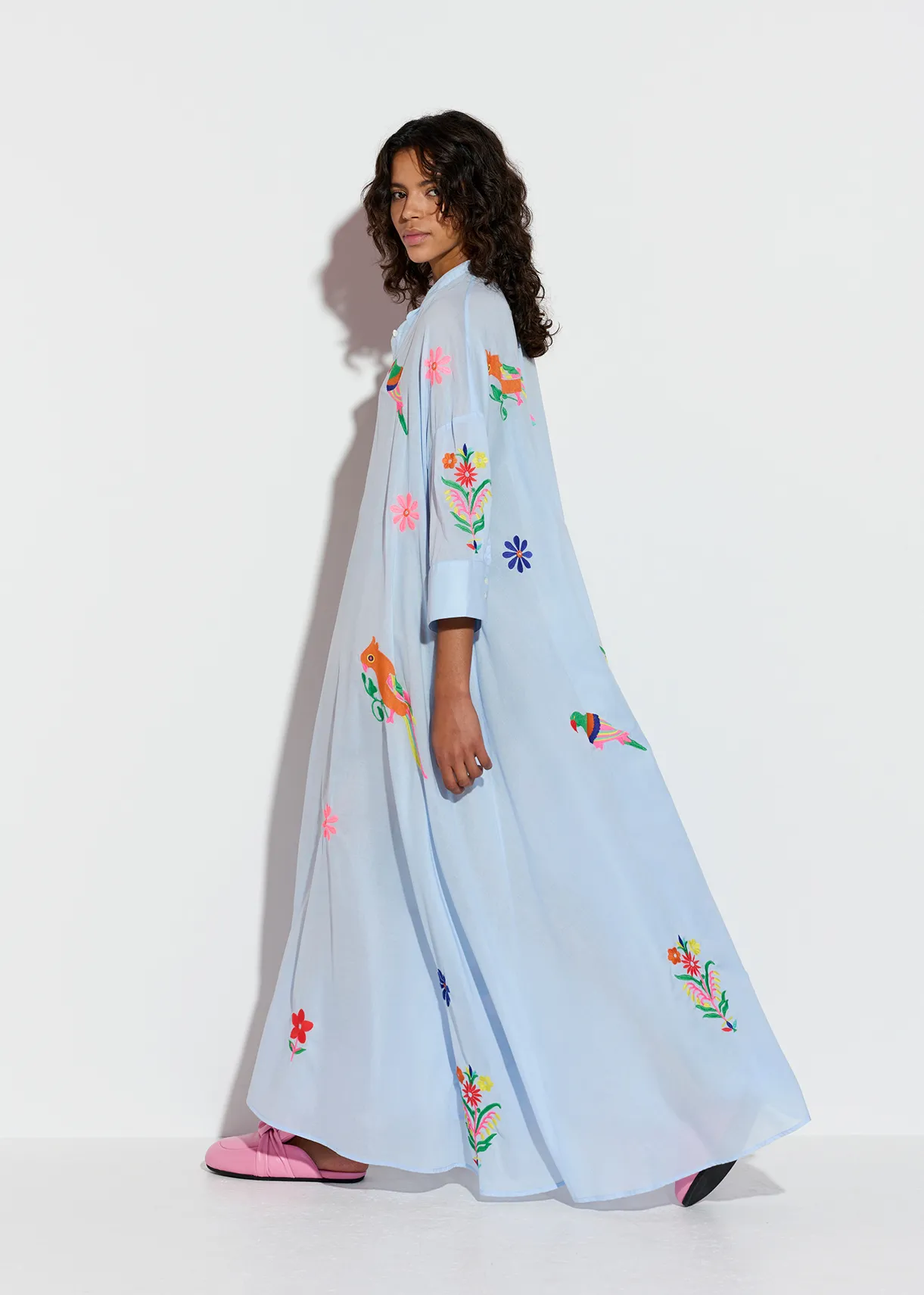 Light blue cotton maxi-length dress with embroideries
