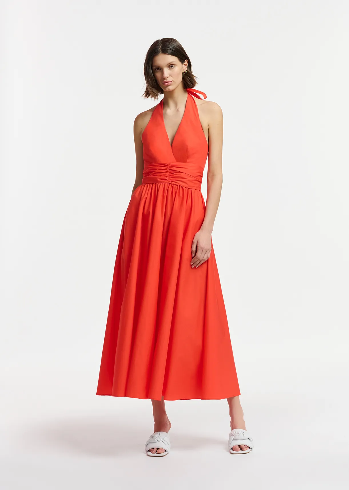 Red halter neck cotton midi-length dress