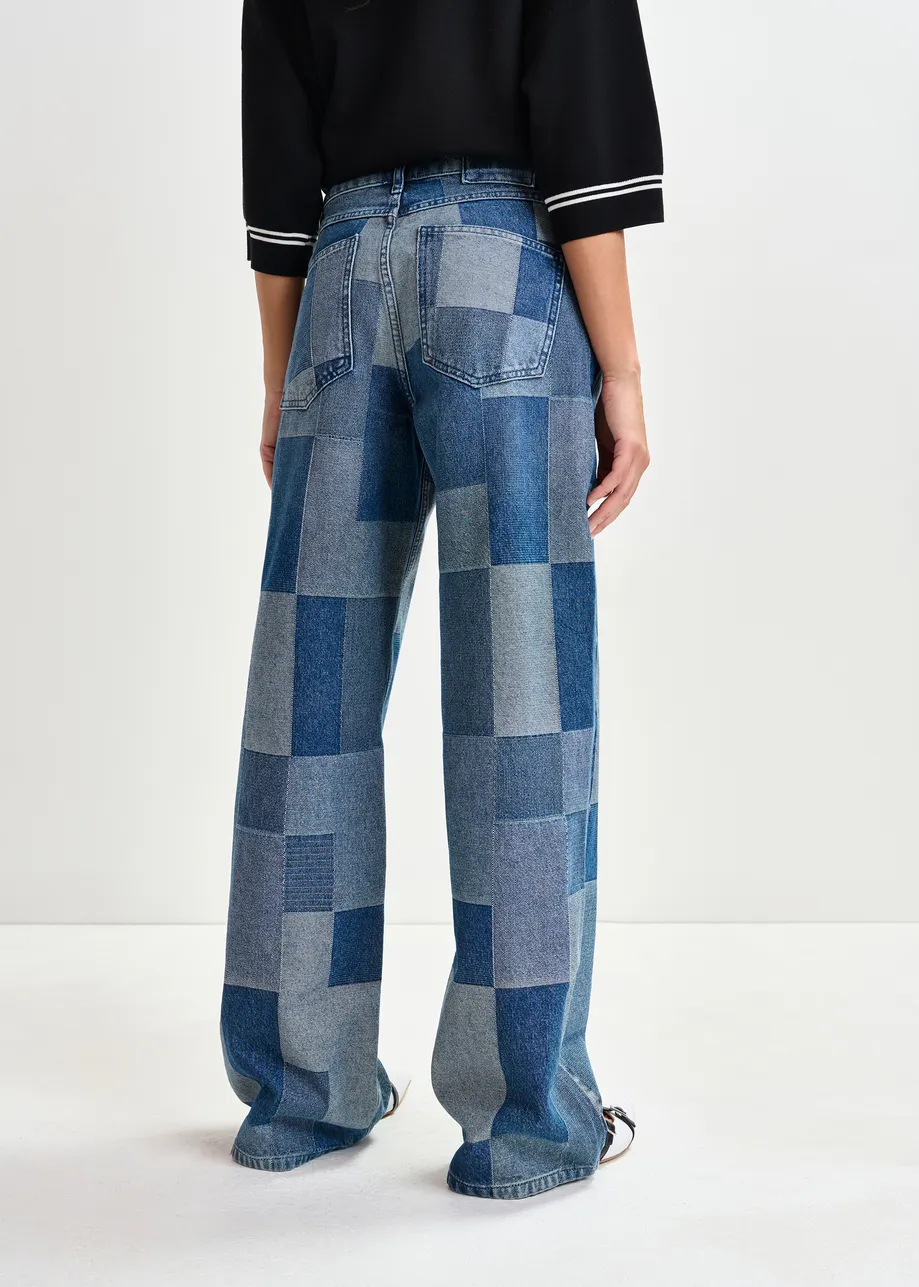 Blue straight-leg patchwork blue jeans