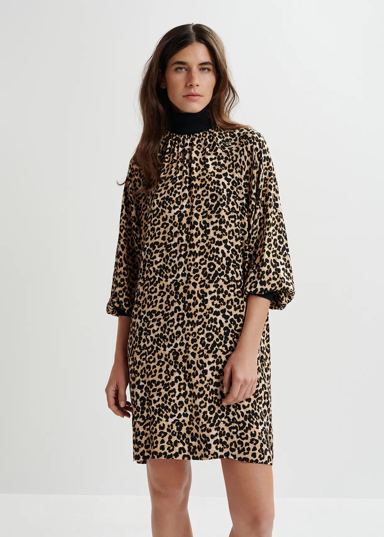 Brown leopard-print mini dress with rib-knitted trims