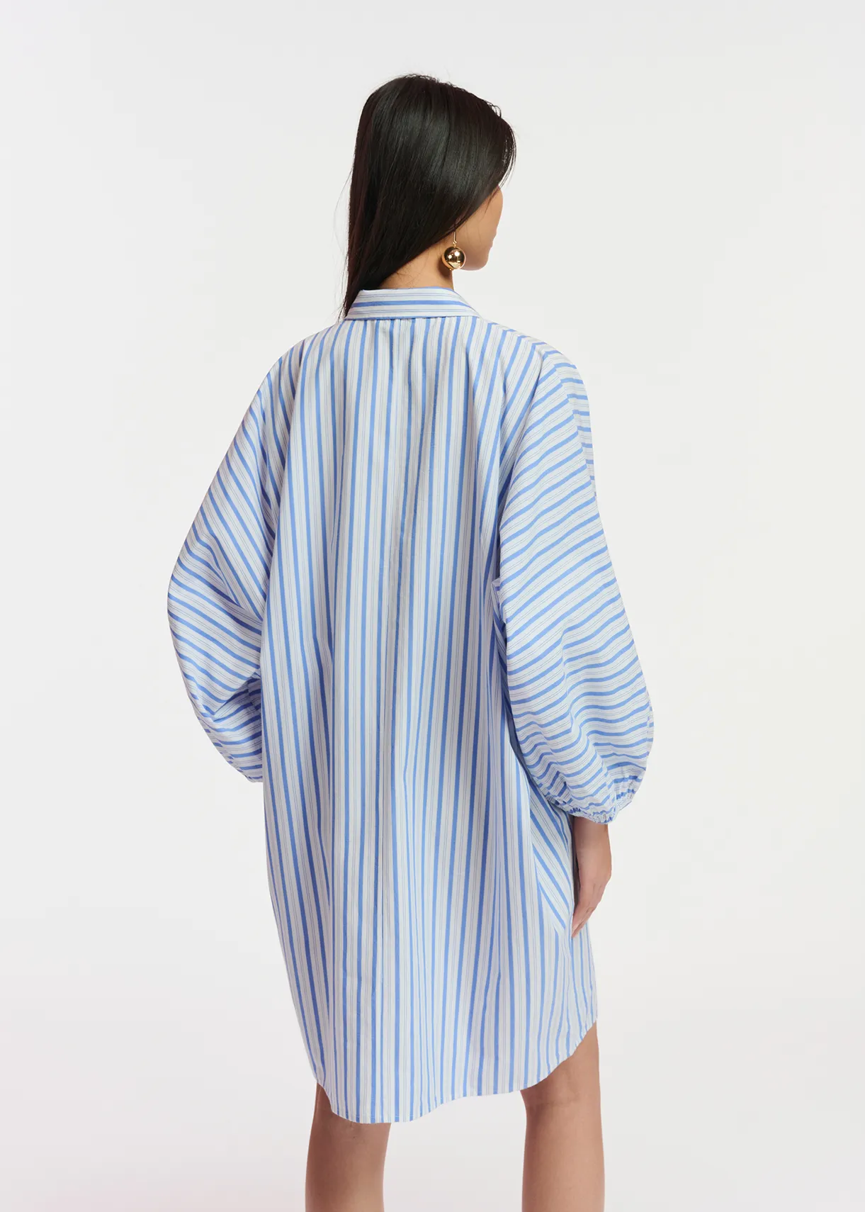 Blue and white striped cotton mini shirt dress with embroidery