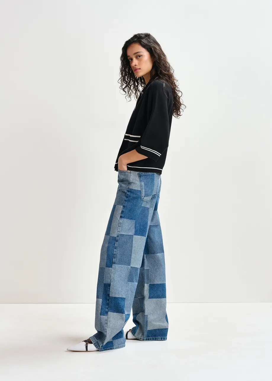 Blue straight-leg patchwork blue jeans