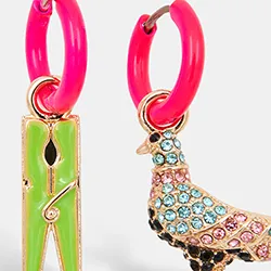 Neon pink hoop earrings with pigeon and peg pendants