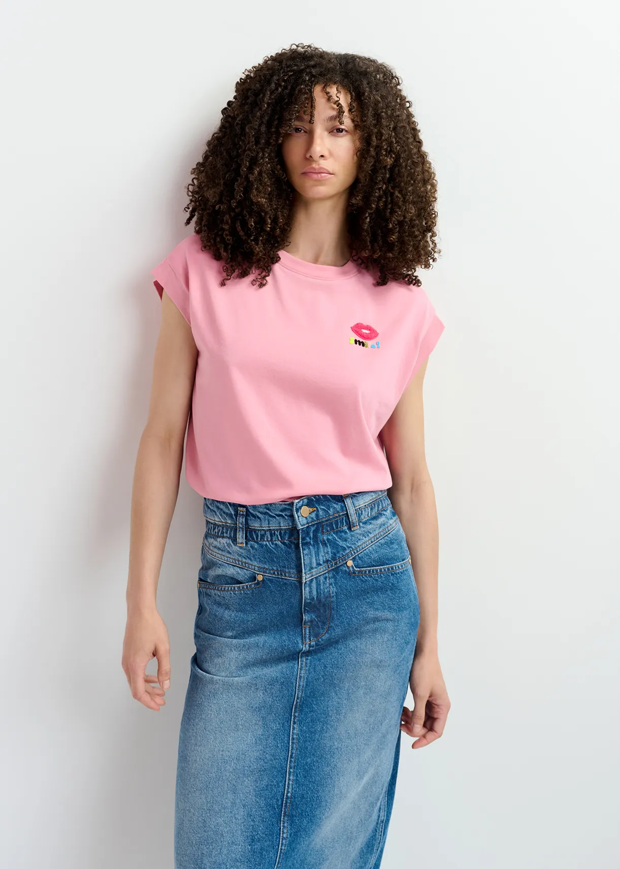 Blue denim midi skirt with paperbag waist