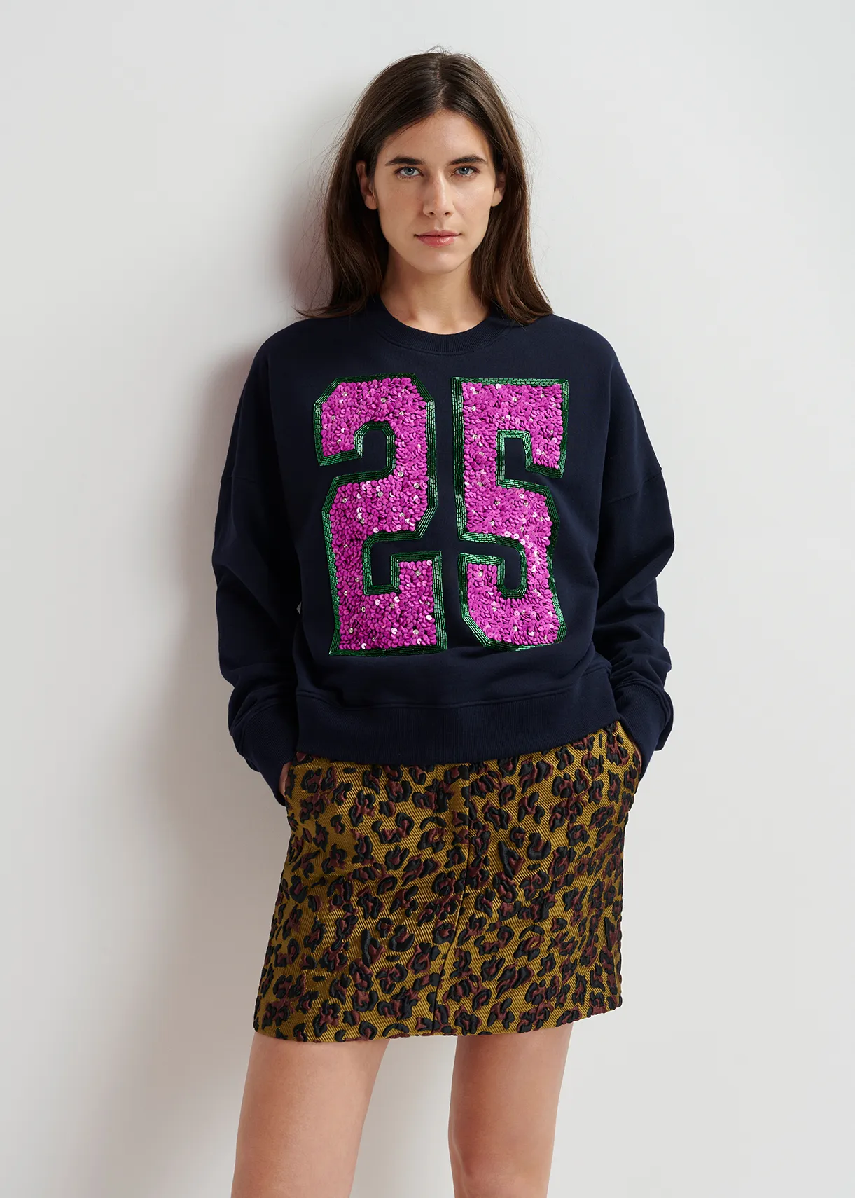 Navy blue and purple organic cotton sweatshirt with sequin and bead