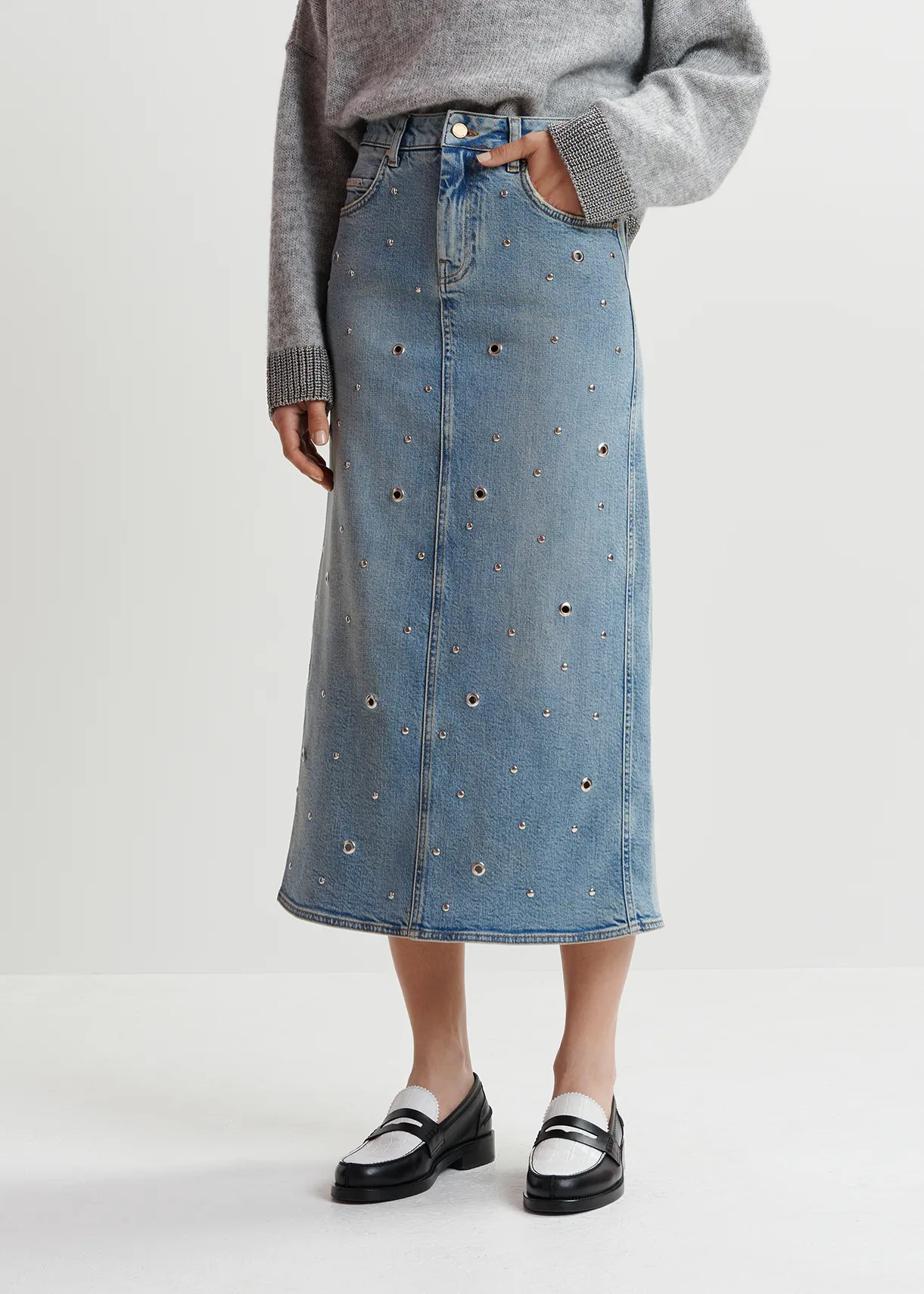 Blue eyelet-embellished denim midi skirt