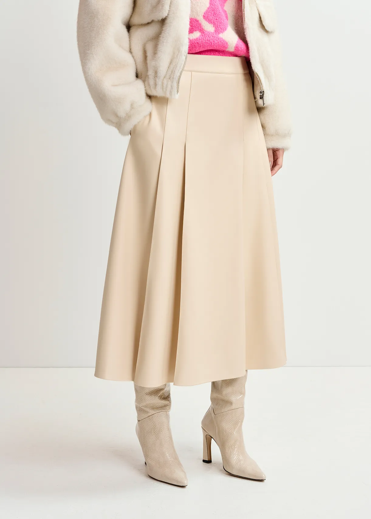 Ecru faux leather midi skirt