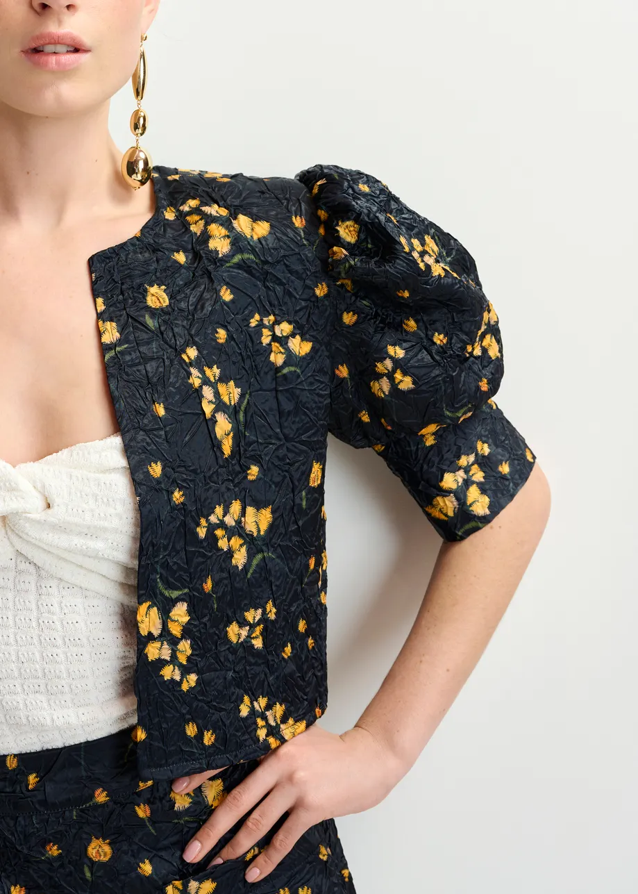 White floral-print cropped jacket with puffed shoulders