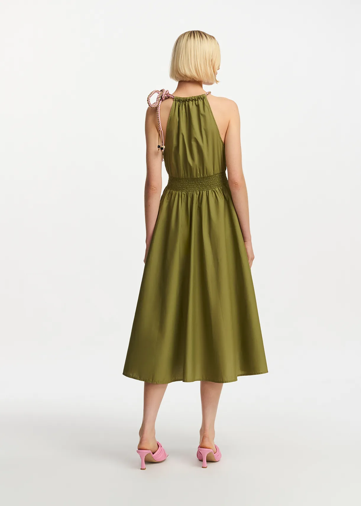 Khaki cotton halter neck midi dress