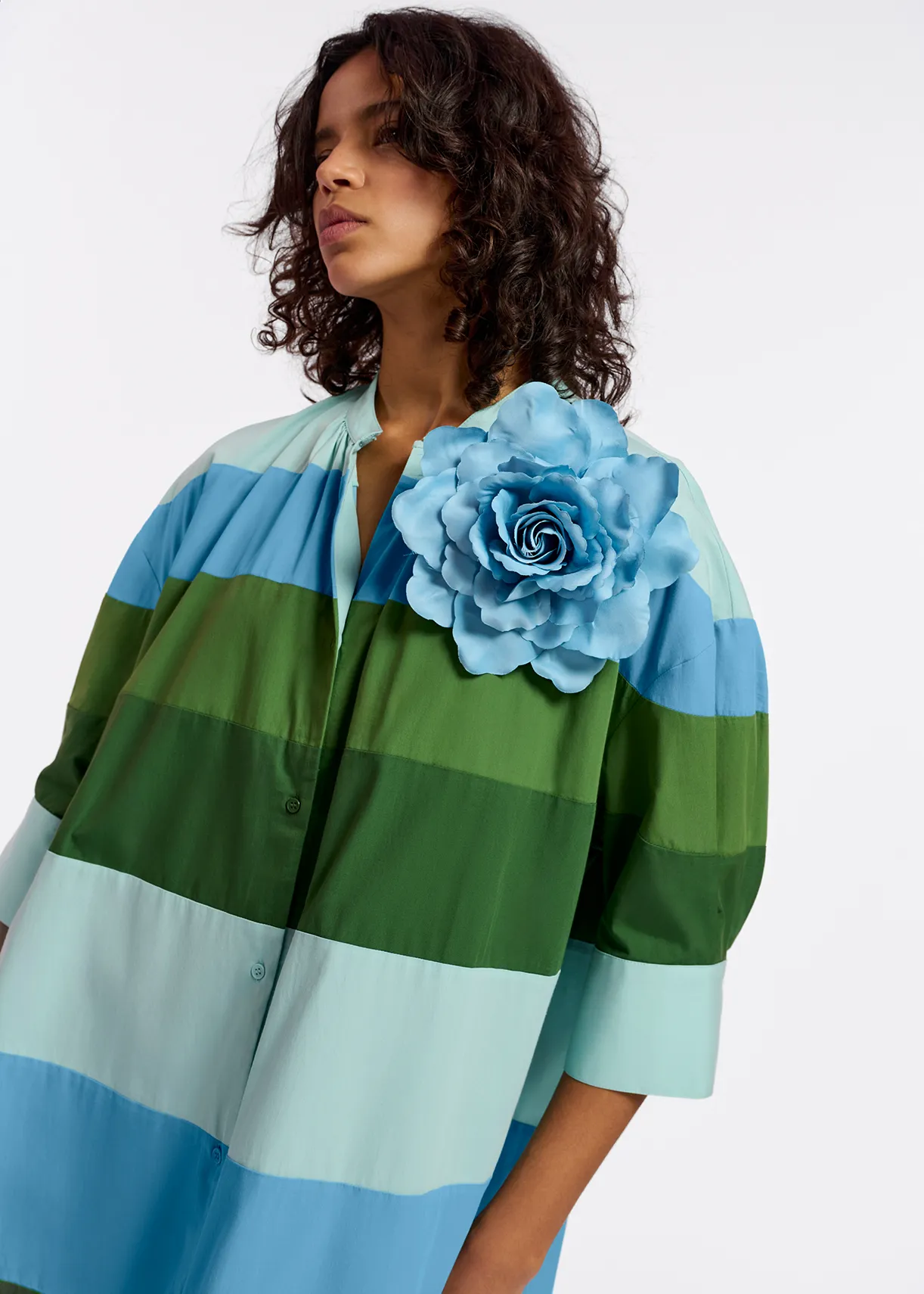 Light blue, blue and green cotton maxi-length dress
