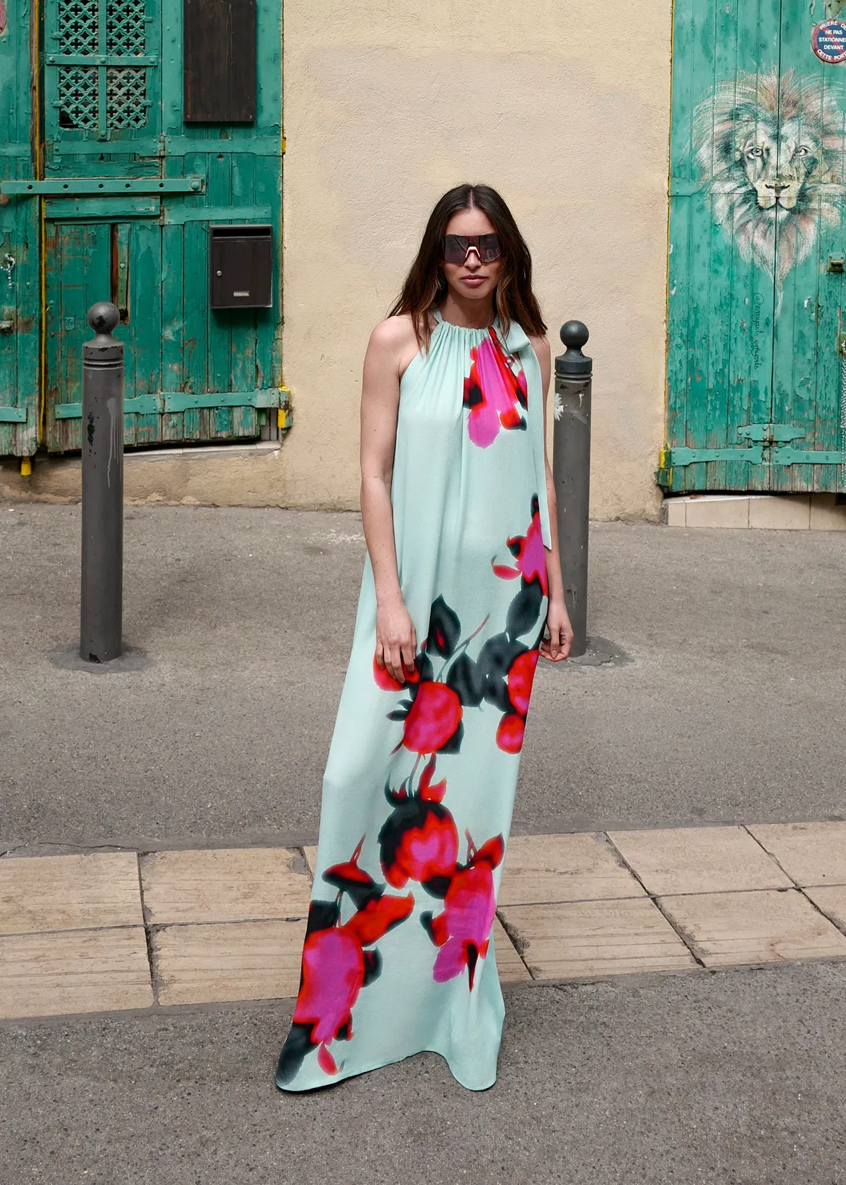 Light blue halter neck maxi-length dress with floral print