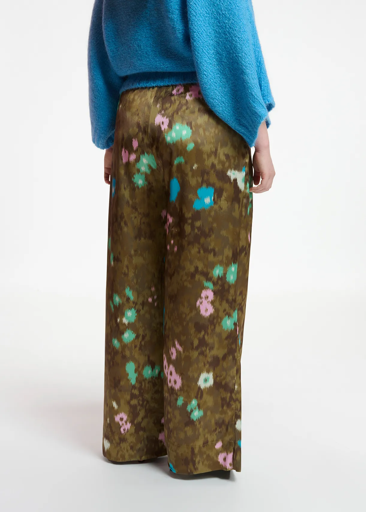 Khaki floral print wide-leg pants
