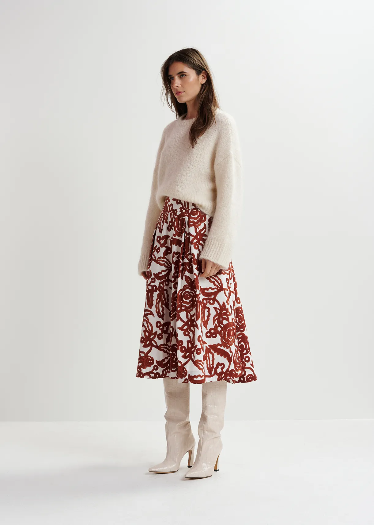 Off-white and brown floral-print pleated midi skirt