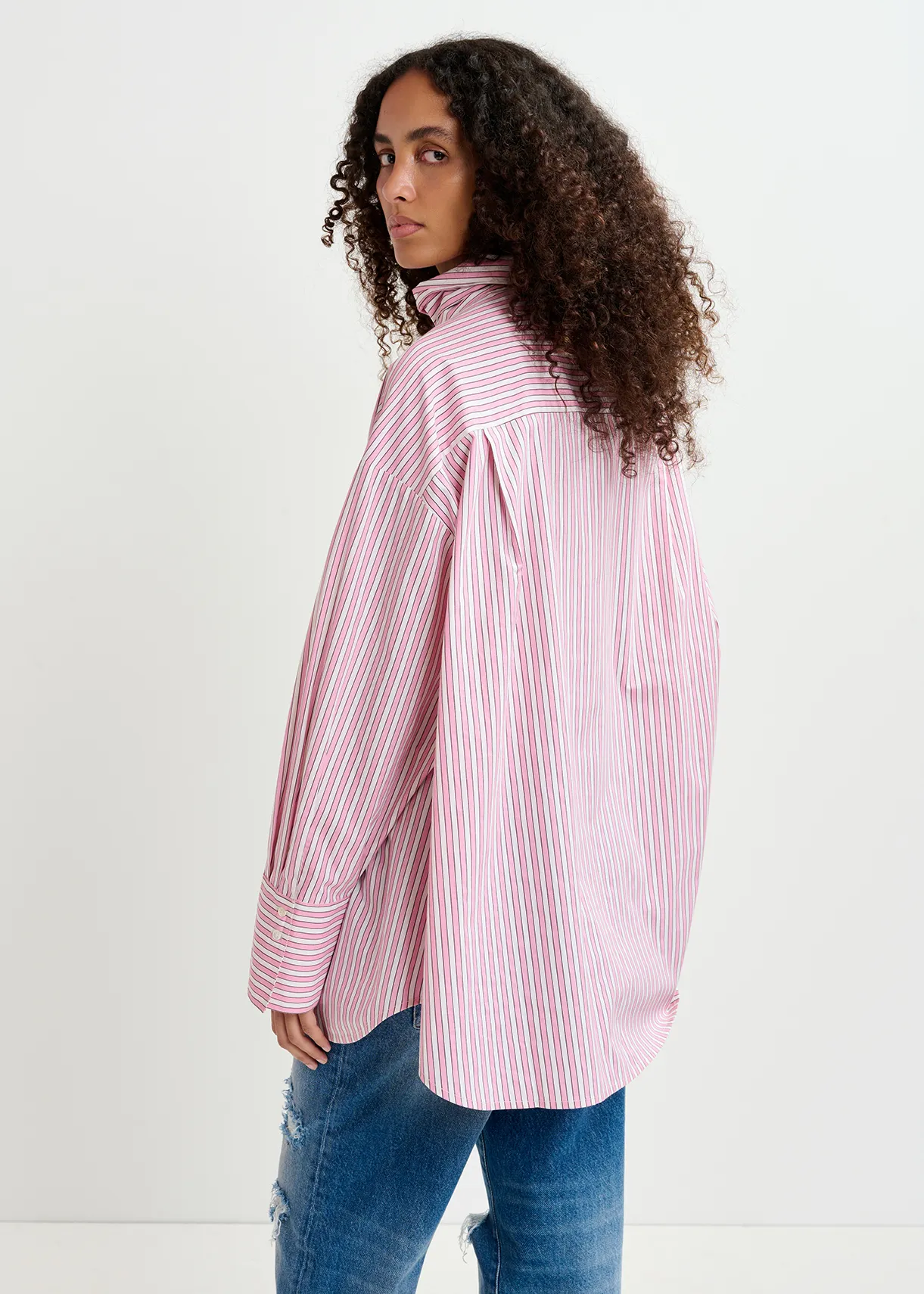 Pink and white striped cotton shirt with pussy bow