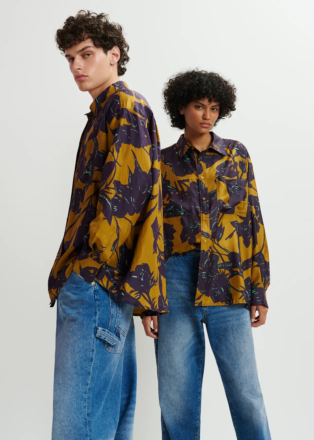 Bronze and navy blue silk shirt with floral print