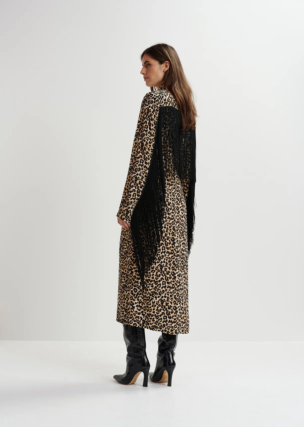 Brown leopard-print midi dress with fringes