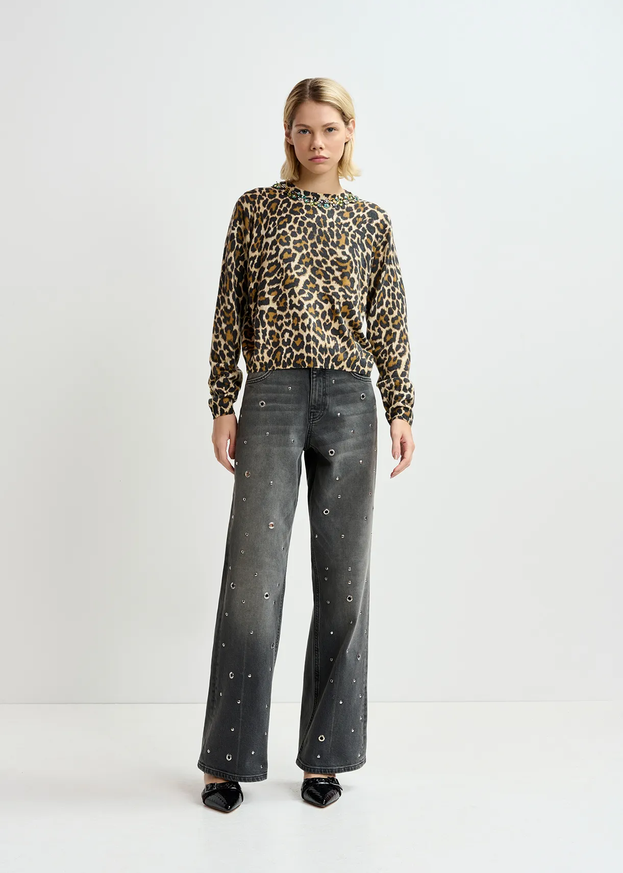 Beige leopard-motif knit sweater with embellished collar
