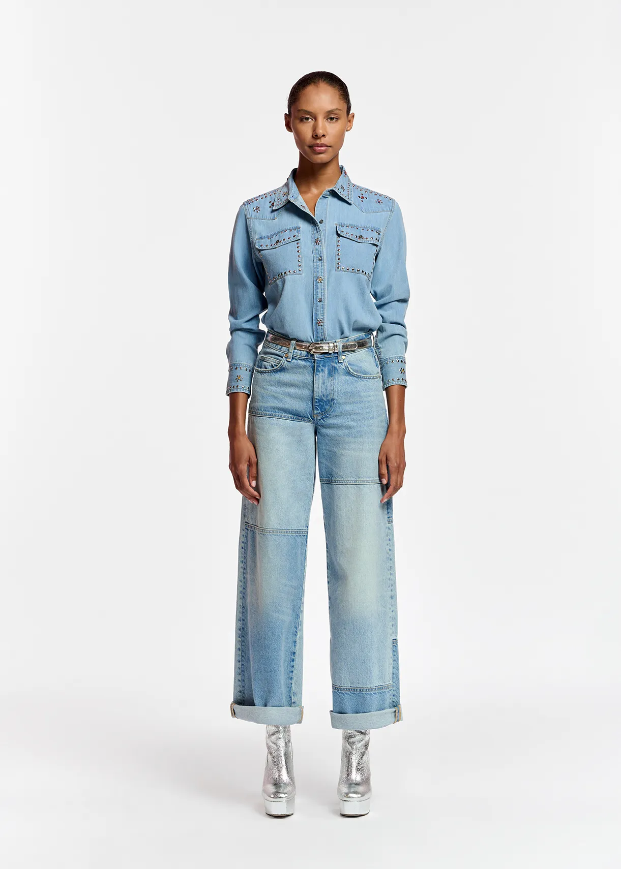 Straight-leg patchwork blue jeans