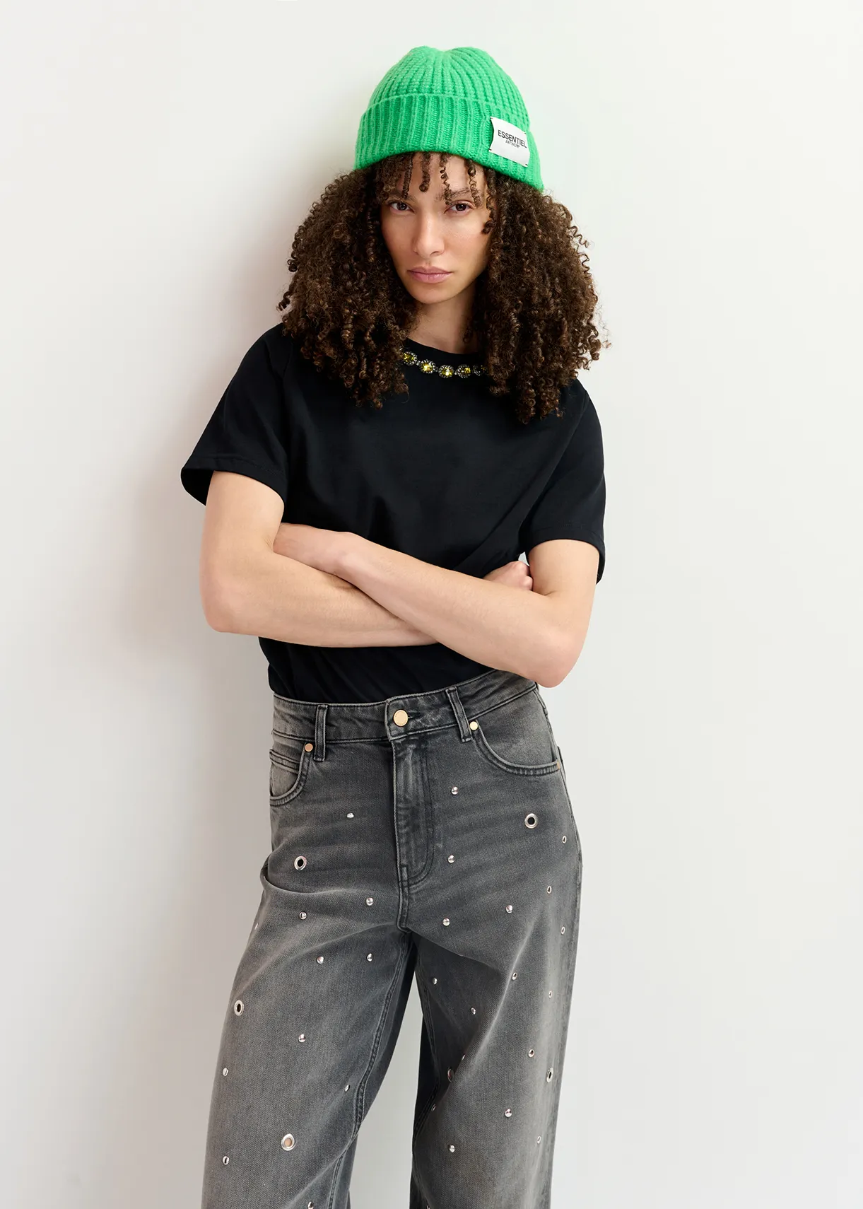 Grey eyelet-embellished jeans