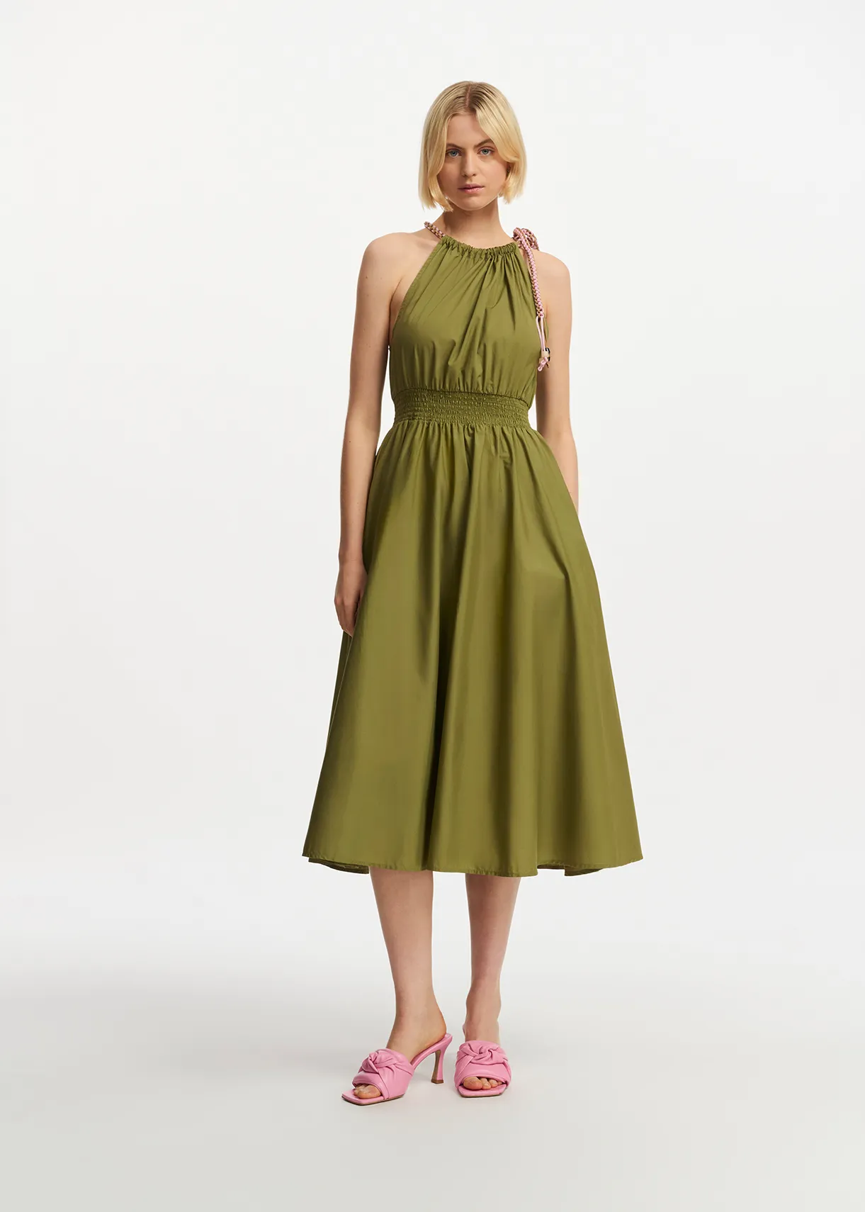 Khaki cotton halter neck midi dress