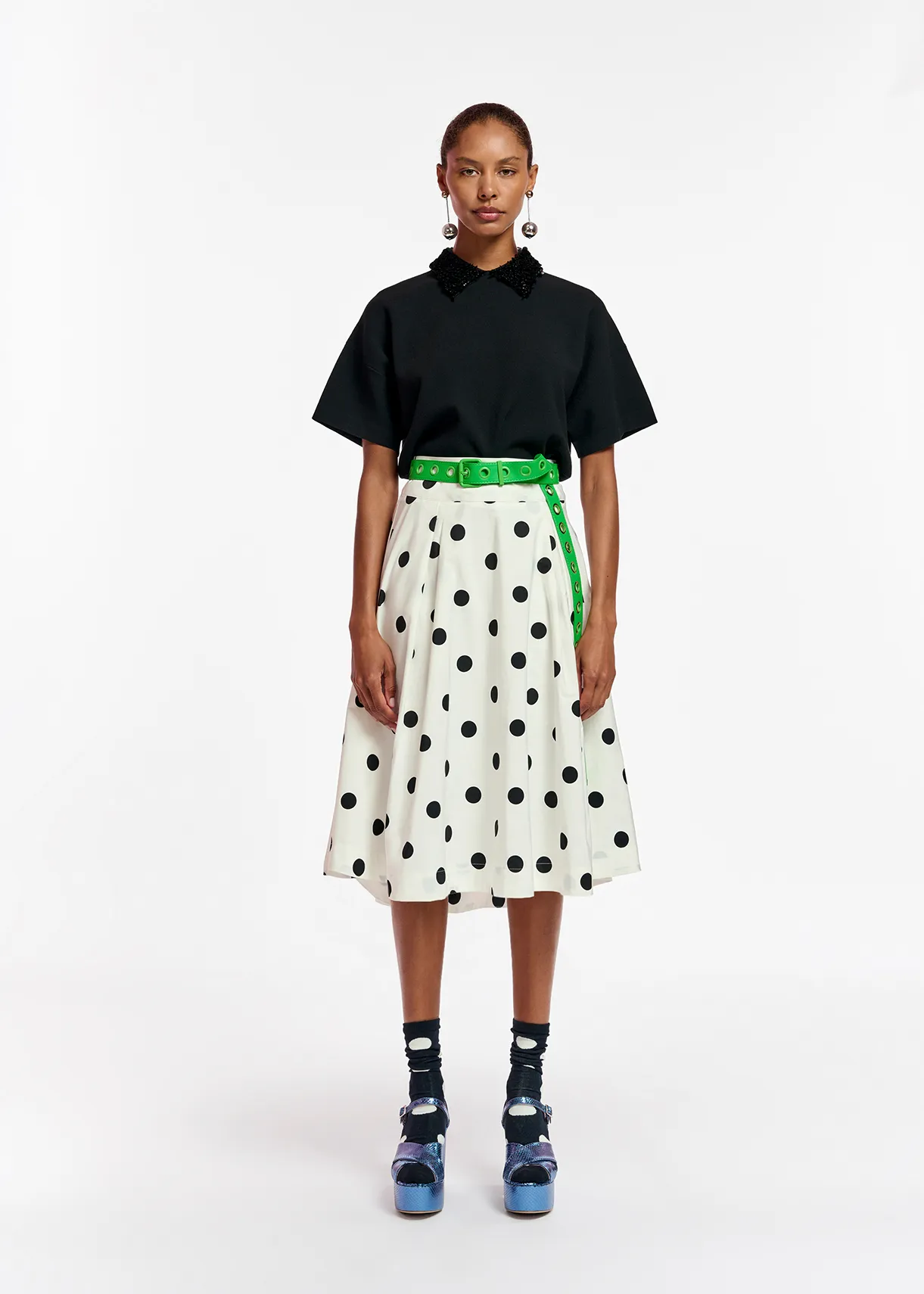 White and black polka-dot pleated midi skirt