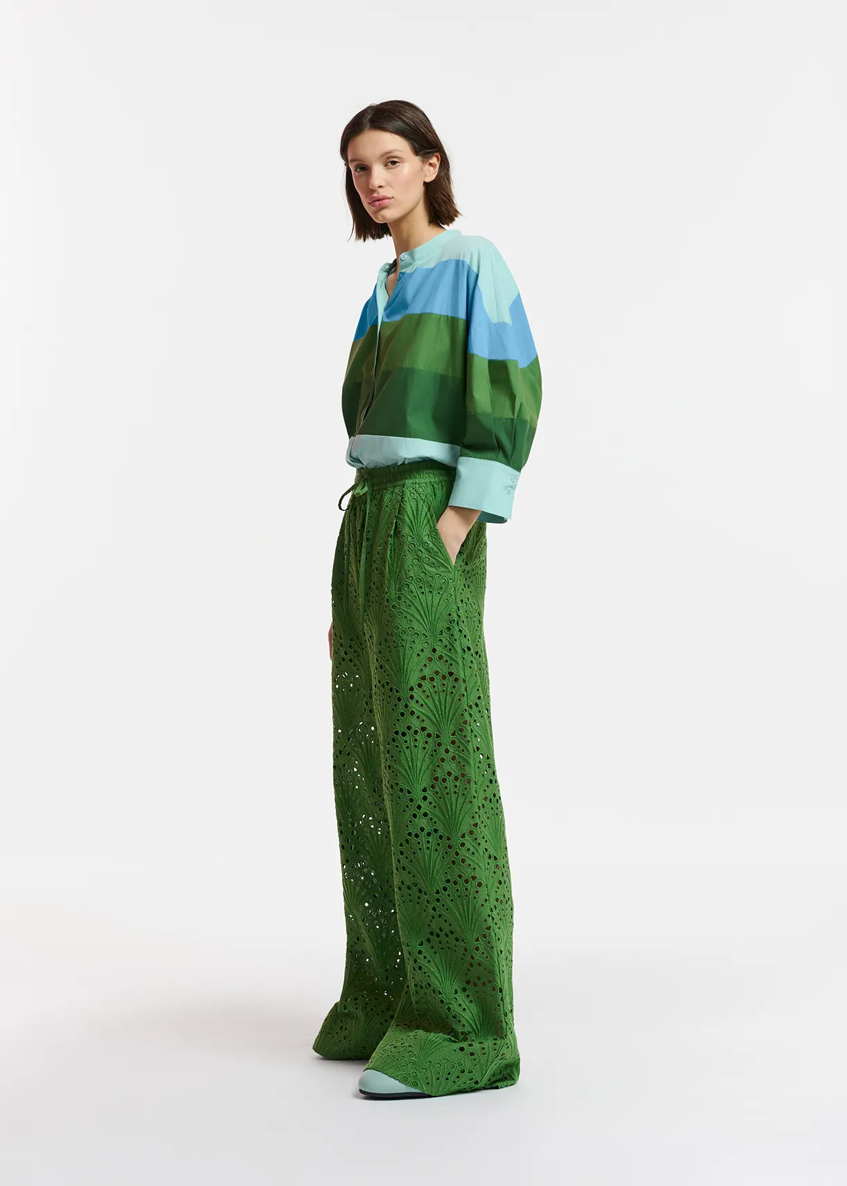 Green broderie anglaise cotton pants