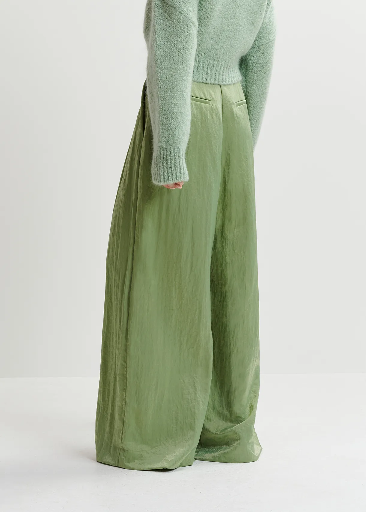 Light green satin wide-leg pants