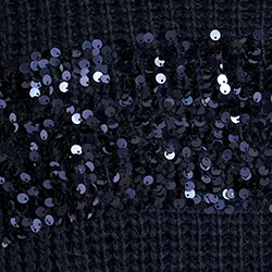 Navy blue knit sweater with sequin-embellished stripes