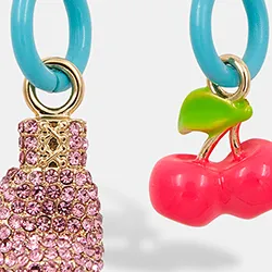 Light blue hoop earrings with boxing glove and cherry pendants