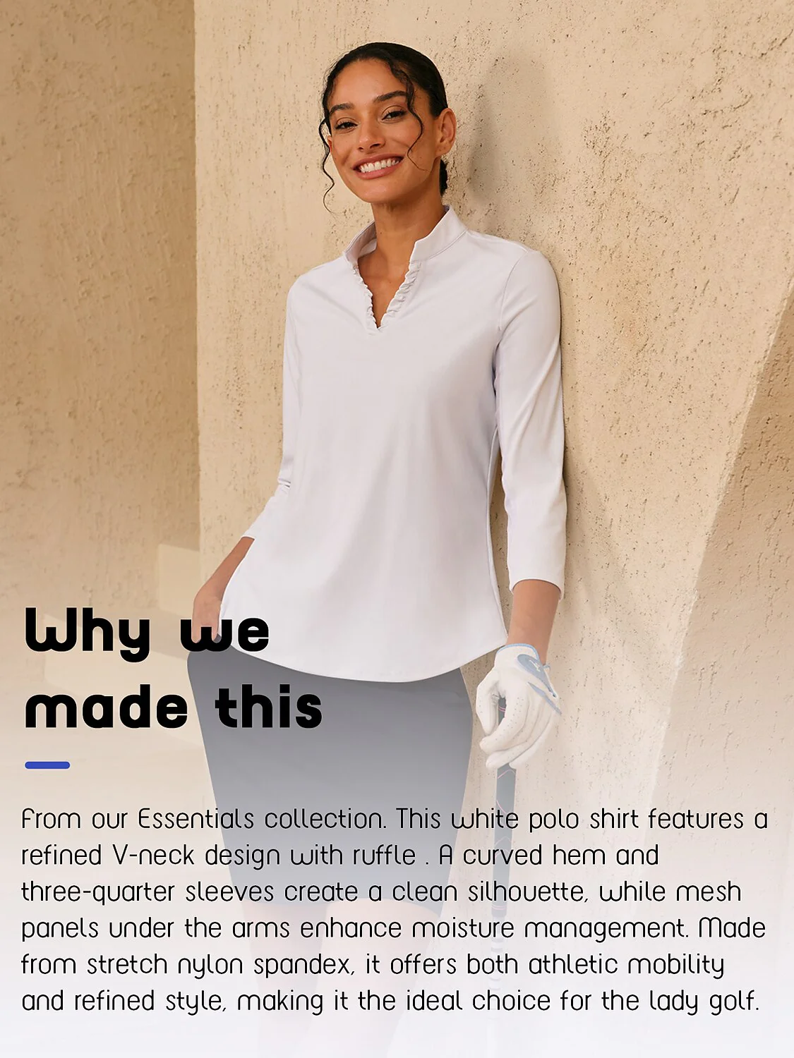 More Than Basic Ruffle V-Neck Mesh Polo Top UPF50+