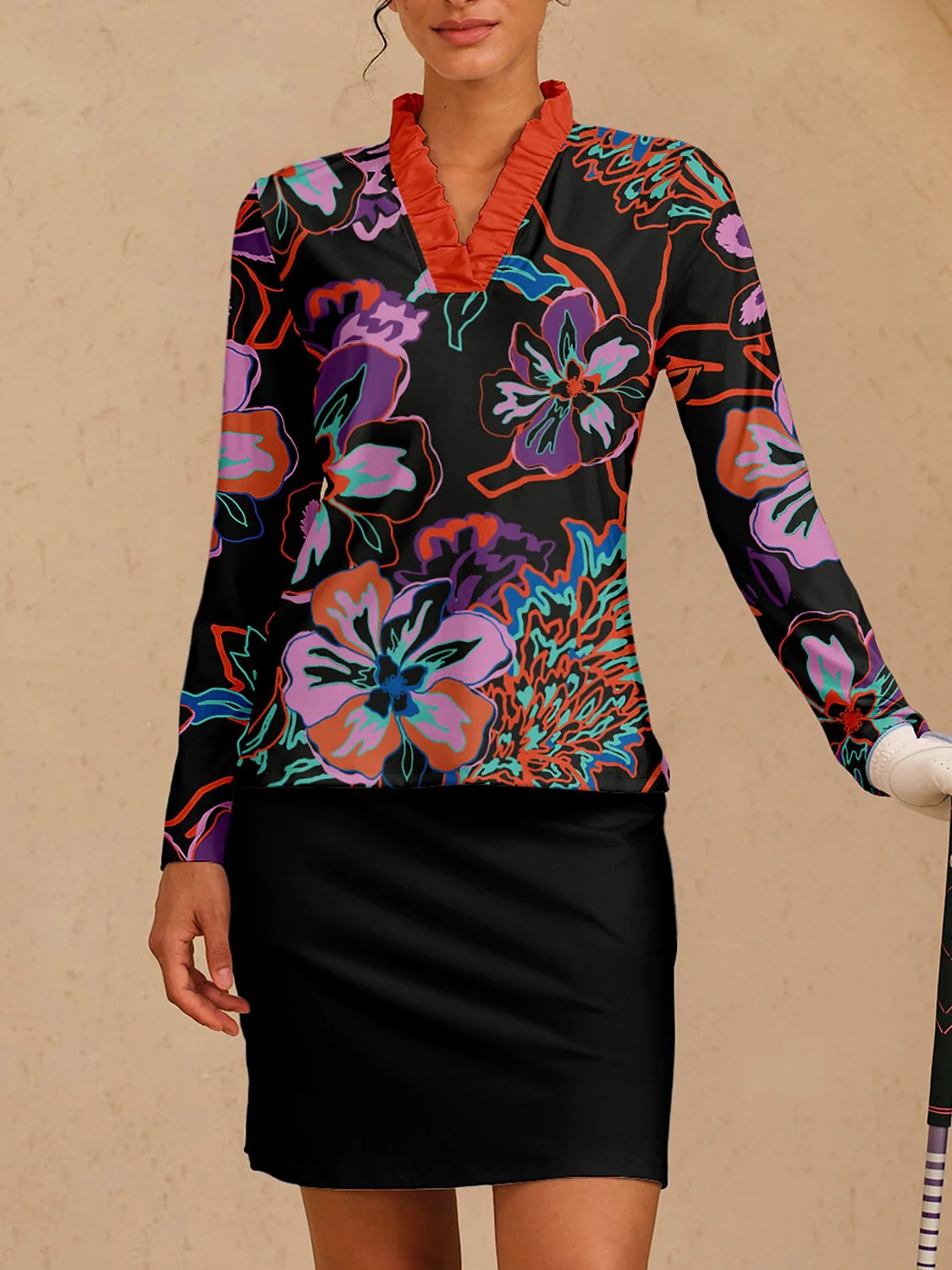 Botanical Energy Ruffle V-Neck Silky Polo Top UPF50+