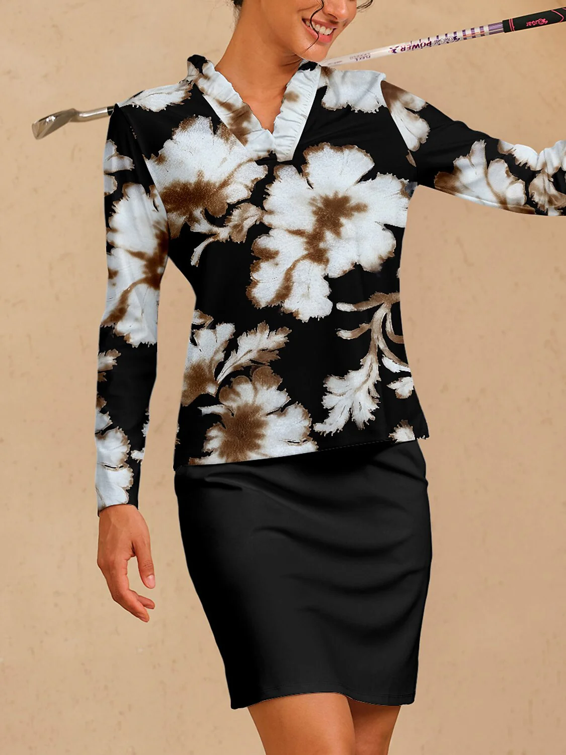 Inked Skins Ruffle V-Neck Silky Polo Top UPF50+